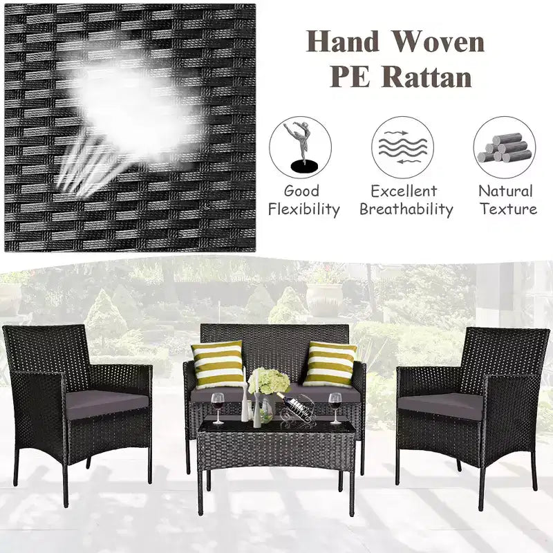 Costway 4PCS Outdoor Furniture Set Patio Rattan Conversation Set w/ Gray & Off White Cushion