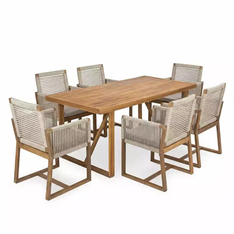 Juego de comedor de patio moderno de acacia de 7 piezas Christopher Knight Home Thrinot, con mesa de listones y diseño de cuerda