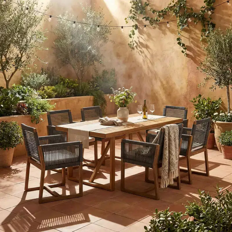 Juego de comedor de patio moderno de acacia de 7 piezas Christopher Knight Home Thrinot, con mesa de listones y diseño de cuerda