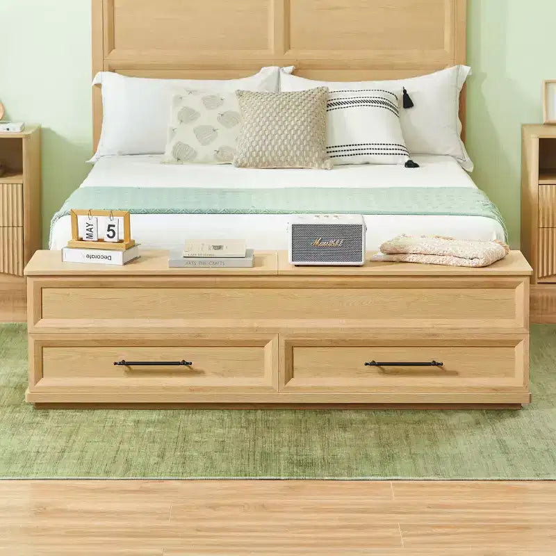 Queen/King Platform Bed Frame with Drawers, Storage Bench and 3D Geometric Headboard