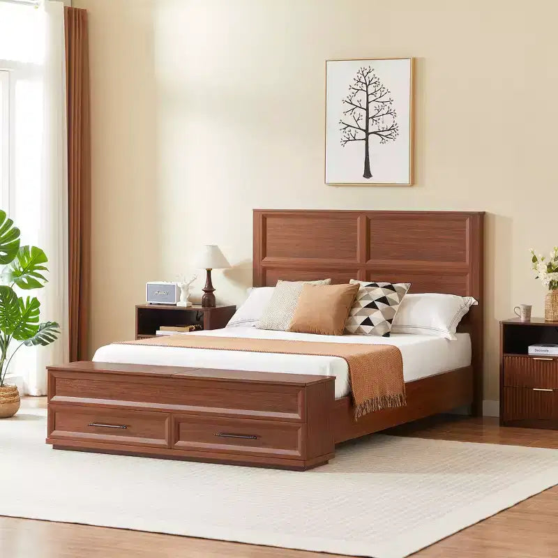 Queen/King Platform Bed Frame with Drawers, Storage Bench and 3D Geometric Headboard