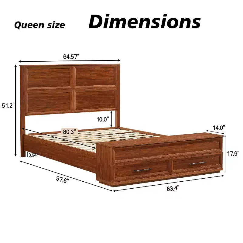 Queen/King Platform Bed Frame with Drawers, Storage Bench and 3D Geometric Headboard