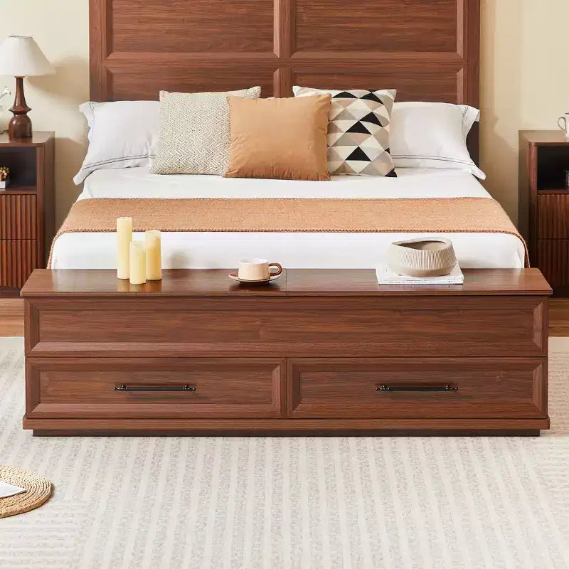 Queen/King Platform Bed Frame with Drawers, Storage Bench and 3D Geometric Headboard