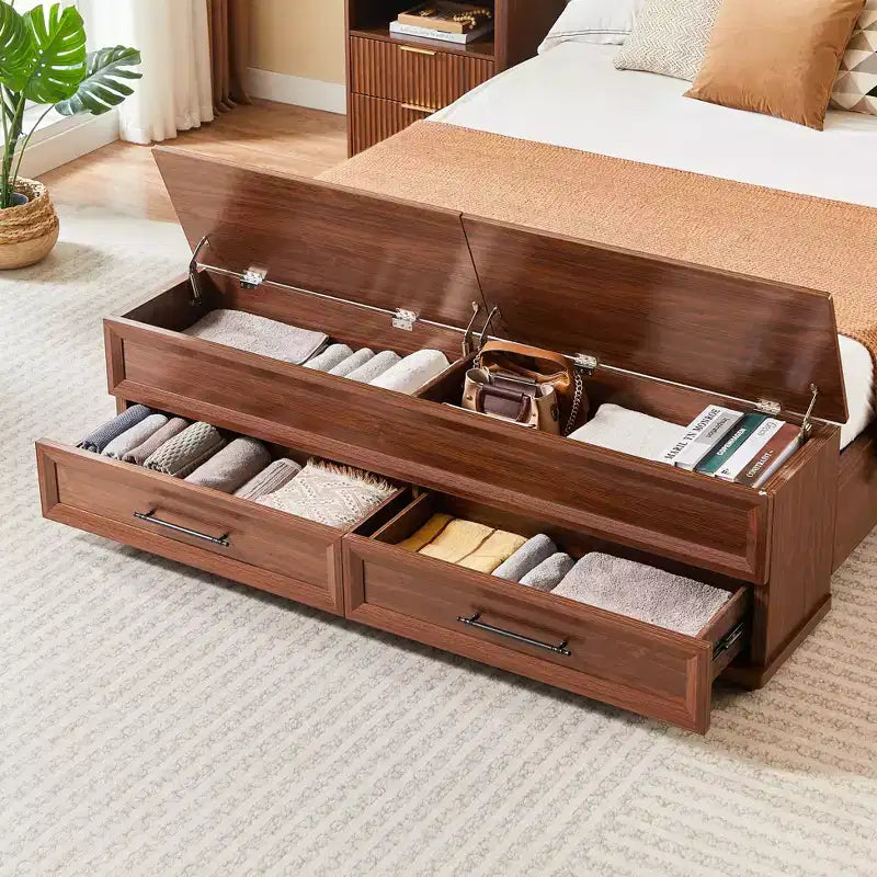 Queen/King Platform Bed Frame with Drawers, Storage Bench and 3D Geometric Headboard