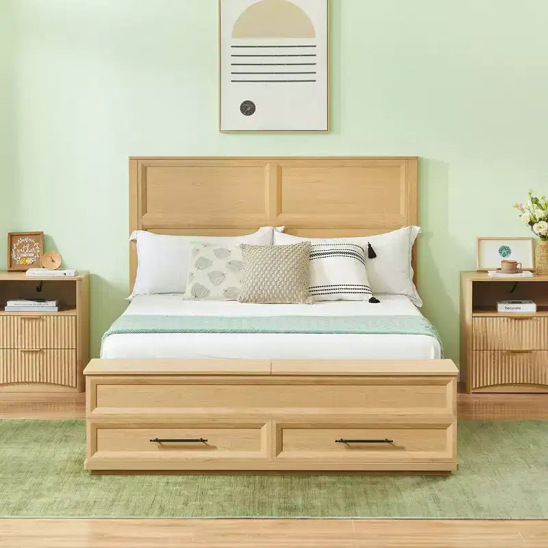 Queen/King Platform Bed Frame with Drawers, Storage Bench and 3D Geometric Headboard