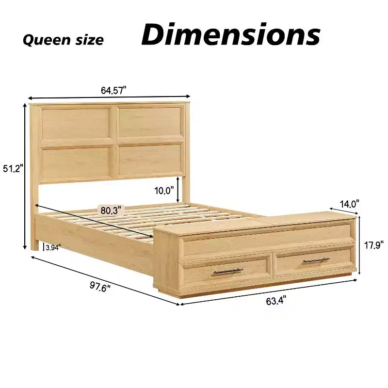 Queen/King Platform Bed Frame with Drawers, Storage Bench and 3D Geometric Headboard
