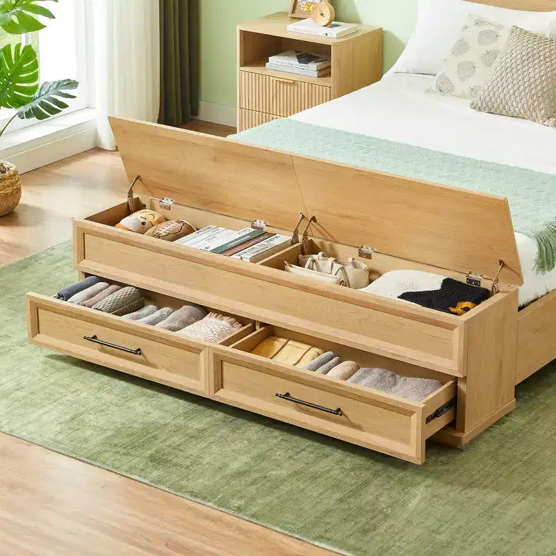 Queen/King Platform Bed Frame with Drawers, Storage Bench and 3D Geometric Headboard