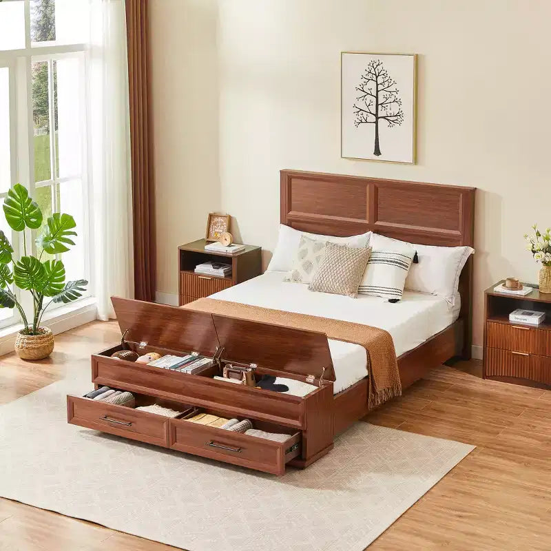 Queen/King Platform Bed Frame with Drawers, Storage Bench and 3D Geometric Headboard
