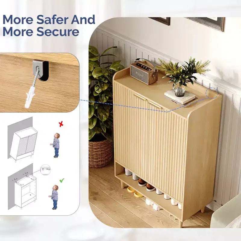 31.6" Slatted Shoe Cabinet with 2 Doors, 1 Shelf and Conical Legs