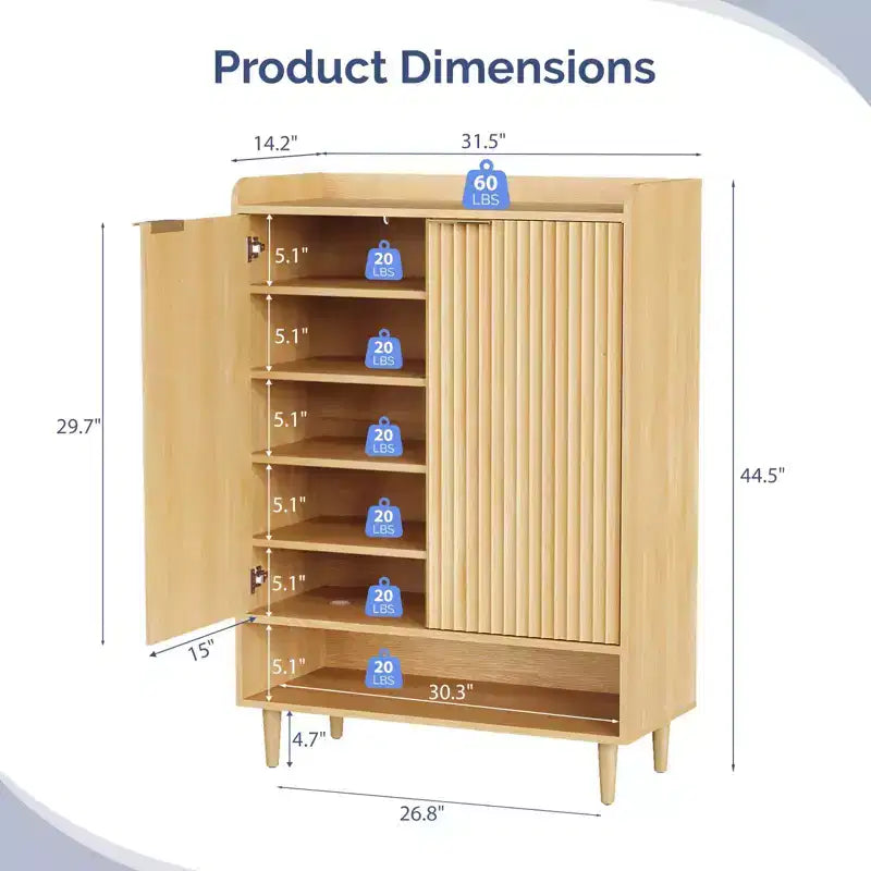 31.6" Slatted Shoe Cabinet with 2 Doors, 1 Shelf and Conical Legs