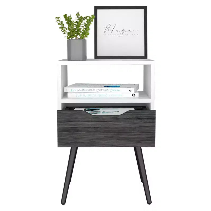 Modern Nightstand with Open Shelf and Single Drawer, Smokey Oak / White Finish