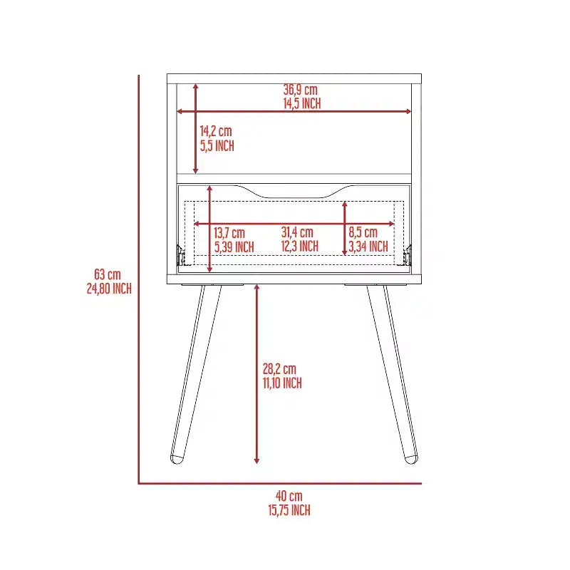 Modern Nightstand with Open Shelf and Single Drawer, Smokey Oak / White Finish