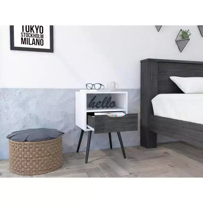 Modern Nightstand with Open Shelf and Single Drawer, Smokey Oak / White Finish