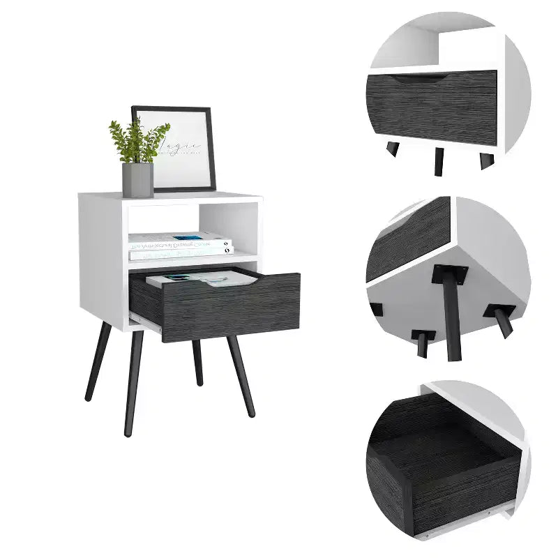 Modern Nightstand with Open Shelf and Single Drawer, Smokey Oak / White Finish