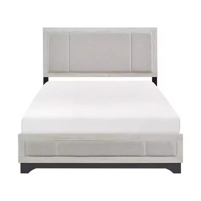 Contemporary Wood Platform Bed with Upholstered Headboard, Two-Tone White Oak and Gray