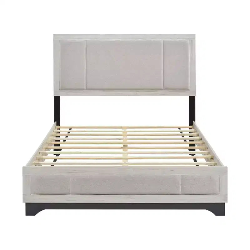 Contemporary Wood Platform Bed with Upholstered Headboard, Two-Tone White Oak and Gray