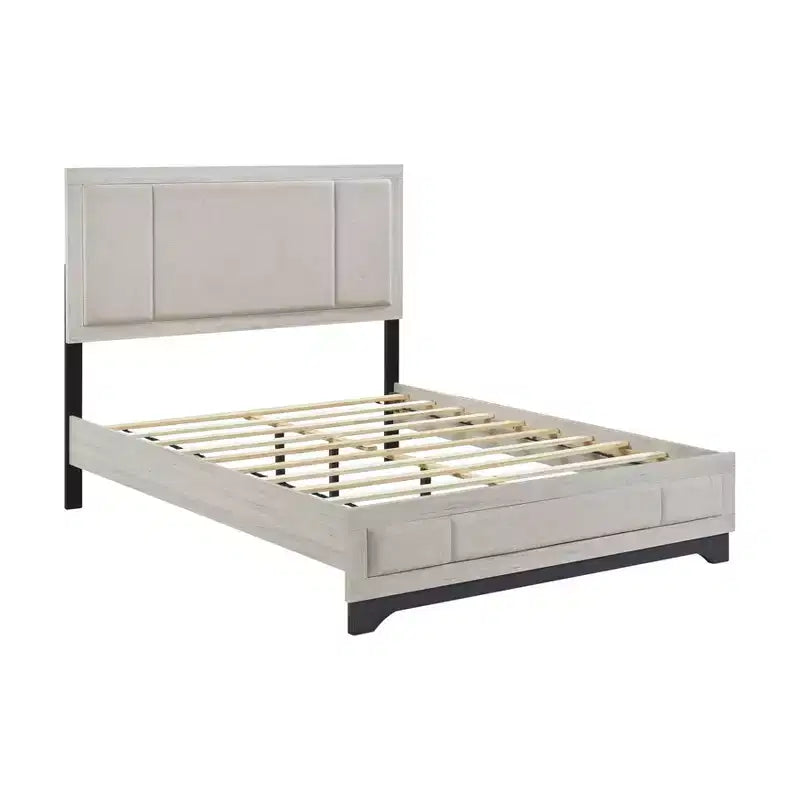 Contemporary Wood Platform Bed with Upholstered Headboard, Two-Tone White Oak and Gray