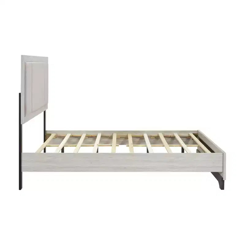 Contemporary Wood Platform Bed with Upholstered Headboard, Two-Tone White Oak and Gray