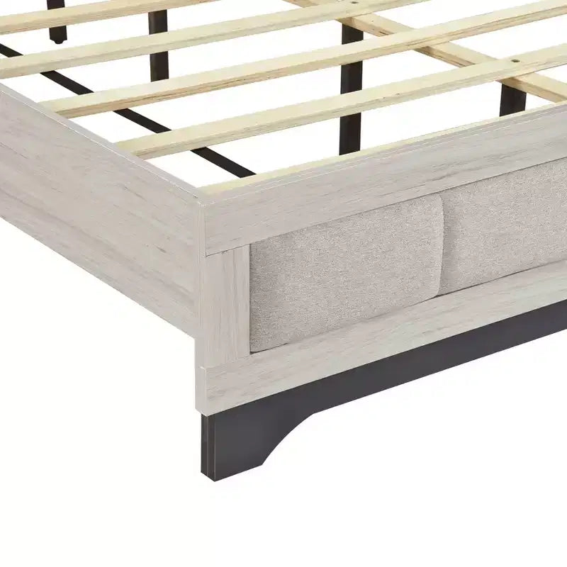 Contemporary Wood Platform Bed with Upholstered Headboard, Two-Tone White Oak and Gray