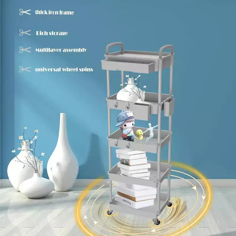 5 Tier Rolling Utility Cart with Drawer, Plastic Storage Organizer with Lockable Wheels