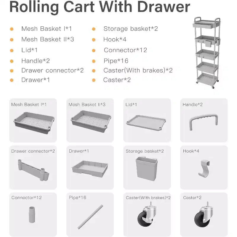 5 Tier Rolling Utility Cart with Drawer, Plastic Storage Organizer with Lockable Wheels