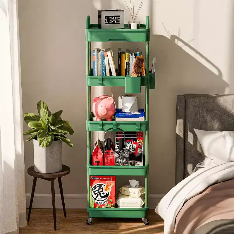 5 Tier Rolling Utility Cart with Drawer, Plastic Storage Organizer with Lockable Wheels