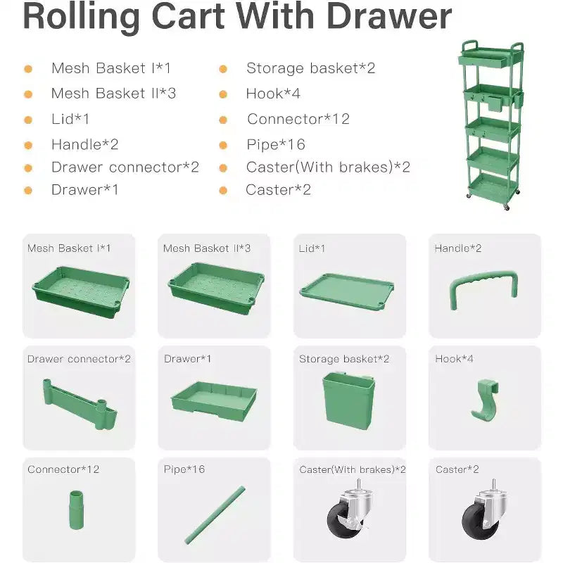 5 Tier Rolling Utility Cart with Drawer, Plastic Storage Organizer with Lockable Wheels