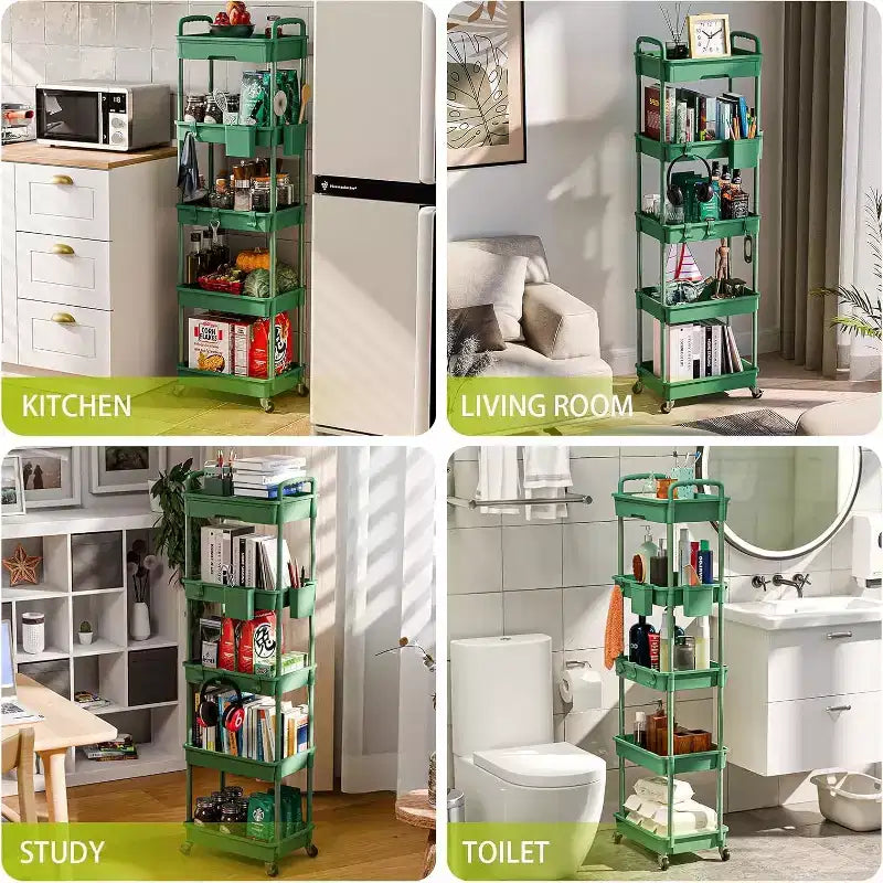 5 Tier Rolling Utility Cart with Drawer, Plastic Storage Organizer with Lockable Wheels