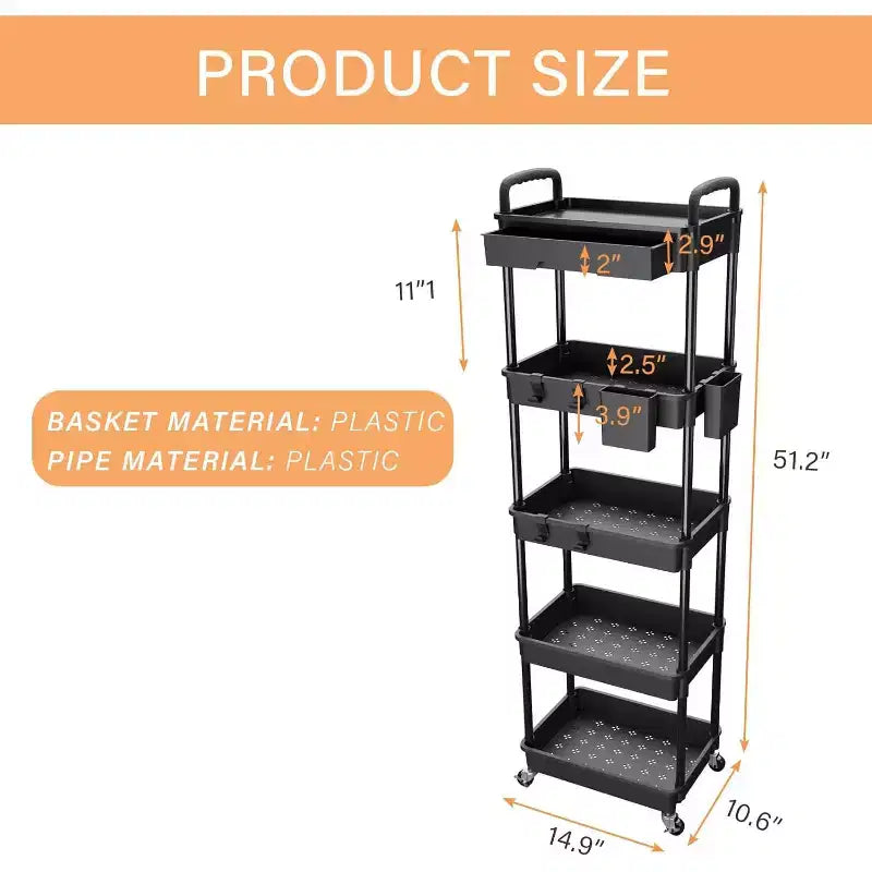 5 Tier Rolling Utility Cart with Drawer, Plastic Storage Organizer with Lockable Wheels