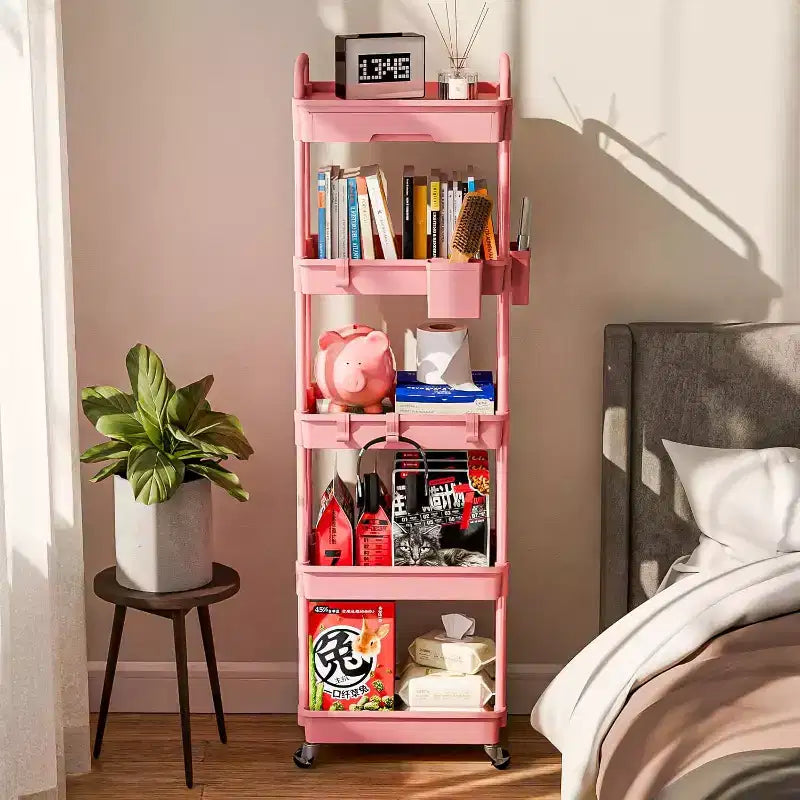 5 Tier Rolling Utility Cart with Drawer, Plastic Storage Organizer with Lockable Wheels