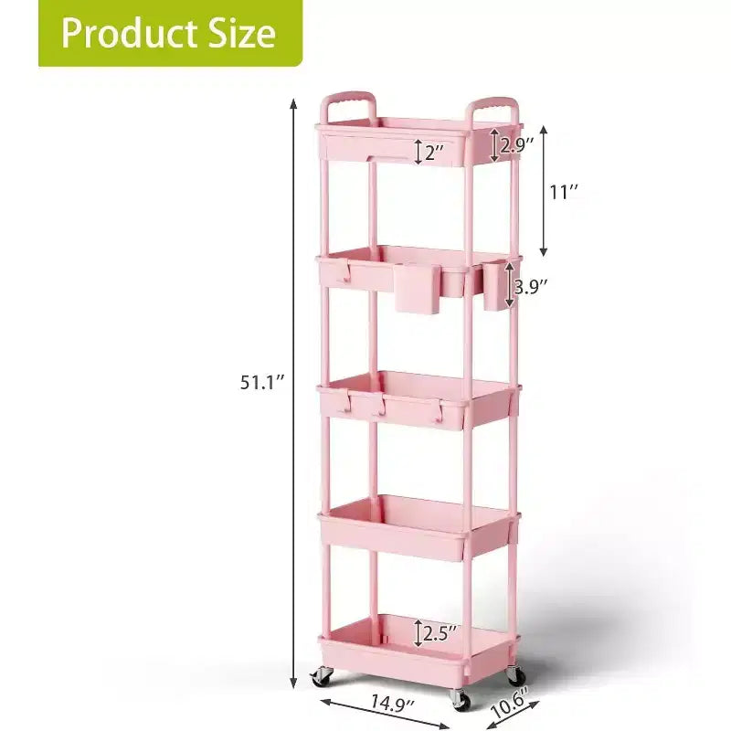 5 Tier Rolling Utility Cart with Drawer, Plastic Storage Organizer with Lockable Wheels