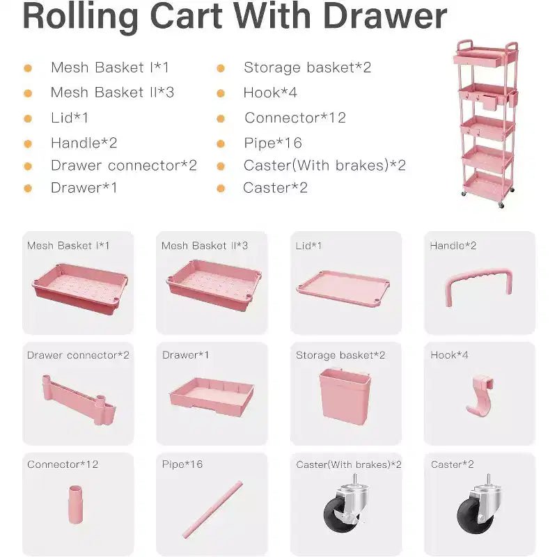 5 Tier Rolling Utility Cart with Drawer, Plastic Storage Organizer with Lockable Wheels