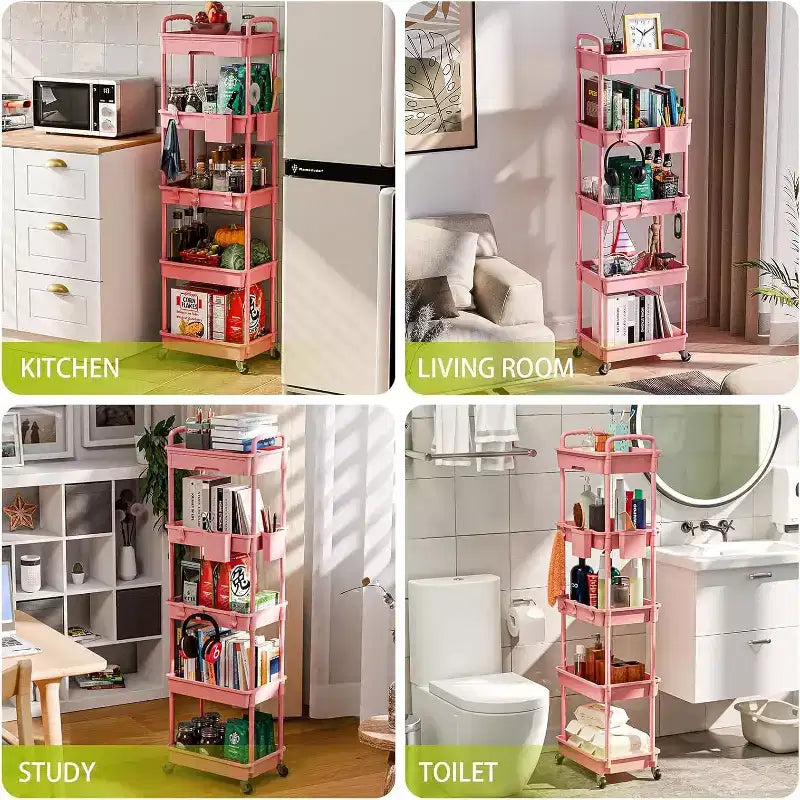 5 Tier Rolling Utility Cart with Drawer, Plastic Storage Organizer with Lockable Wheels