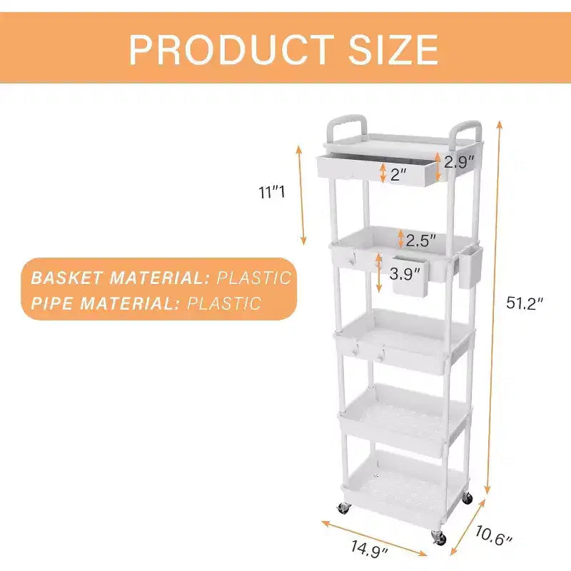 5 Tier Rolling Utility Cart with Drawer, Plastic Storage Organizer with Lockable Wheels