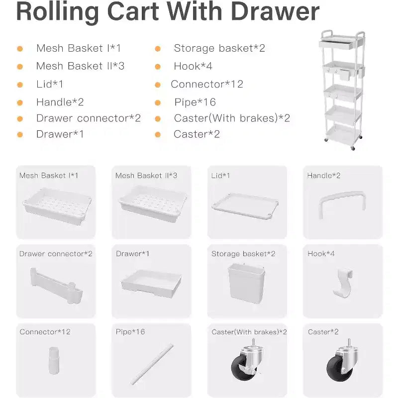 5 Tier Rolling Utility Cart with Drawer, Plastic Storage Organizer with Lockable Wheels