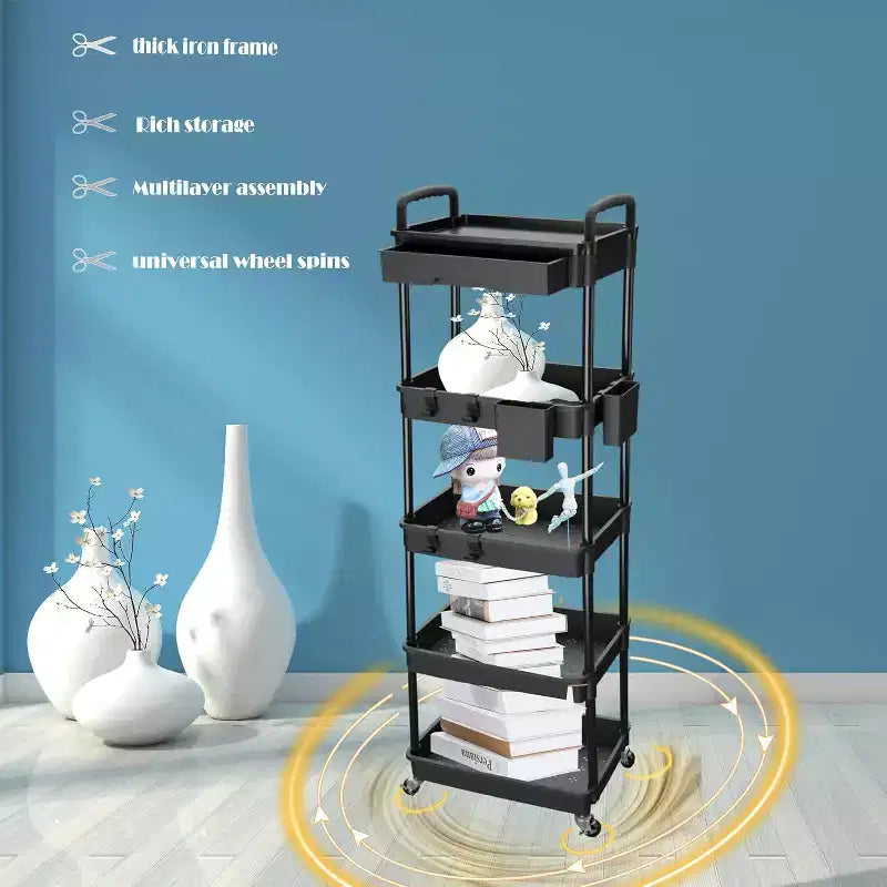5 Tier Rolling Utility Cart with Drawer, Plastic Storage Organizer with Lockable Wheels