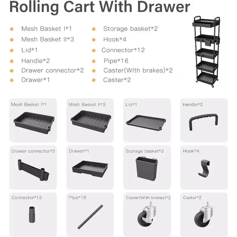 5 Tier Rolling Utility Cart with Drawer, Plastic Storage Organizer with Lockable Wheels