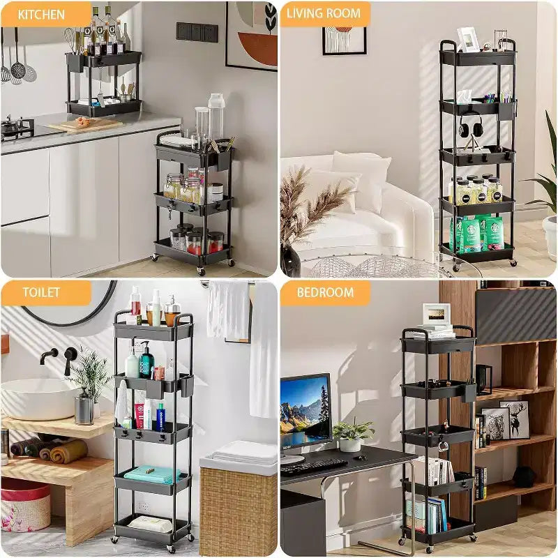 5 Tier Rolling Utility Cart with Drawer, Plastic Storage Organizer with Lockable Wheels