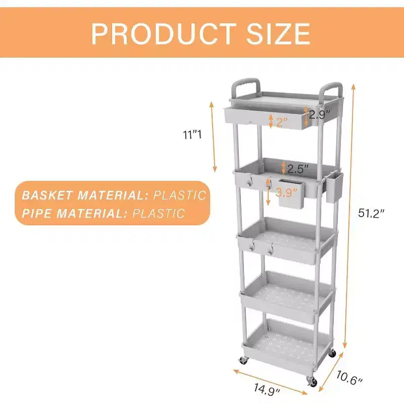 5 Tier Rolling Utility Cart with Drawer, Plastic Storage Organizer with Lockable Wheels