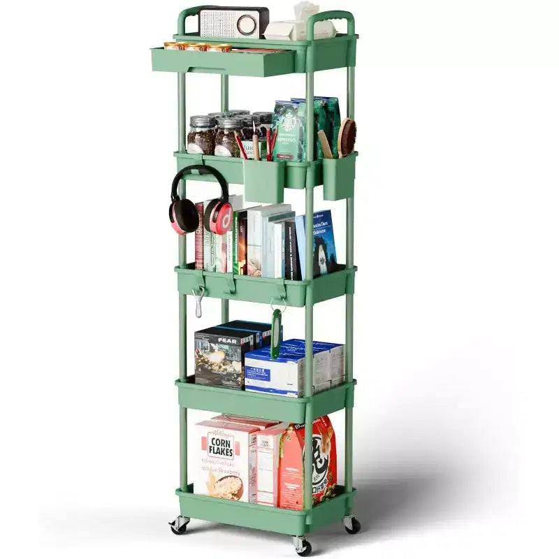 5 Tier Rolling Utility Cart with Drawer, Plastic Storage Organizer with Lockable Wheels