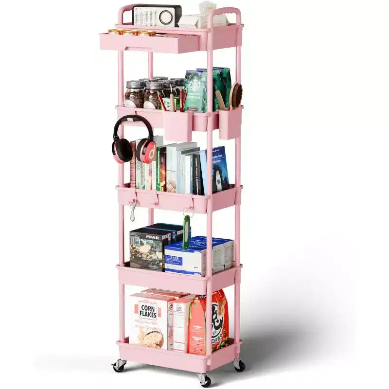 5 Tier Rolling Utility Cart with Drawer, Plastic Storage Organizer with Lockable Wheels