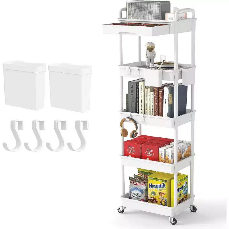 5 Tier Rolling Utility Cart with Drawer, Plastic Storage Organizer with Lockable Wheels