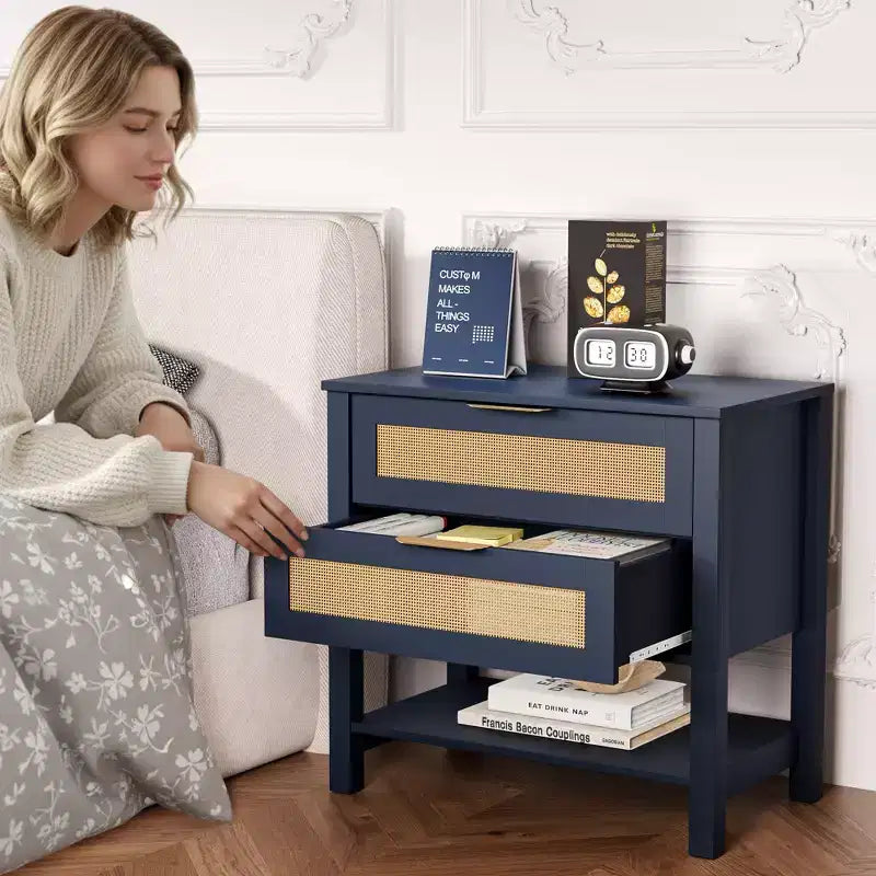 Rattan 2 Drawer Nightstand for Bedroom and Living Room