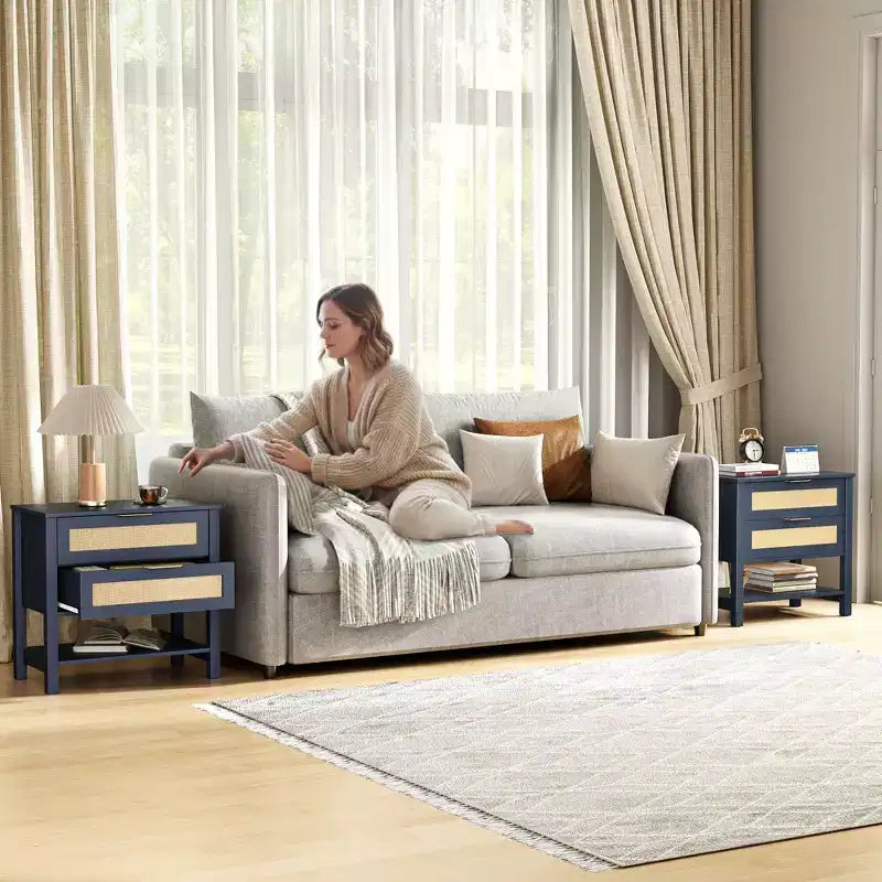 Rattan 2 Drawer Nightstand for Bedroom and Living Room