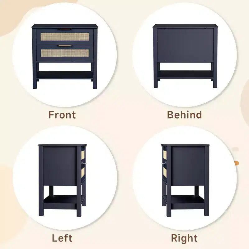 Rattan 2 Drawer Nightstand for Bedroom and Living Room