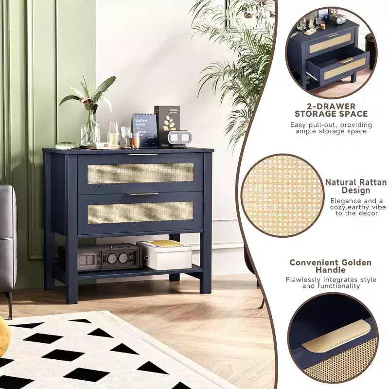 Rattan 2 Drawer Nightstand for Bedroom and Living Room