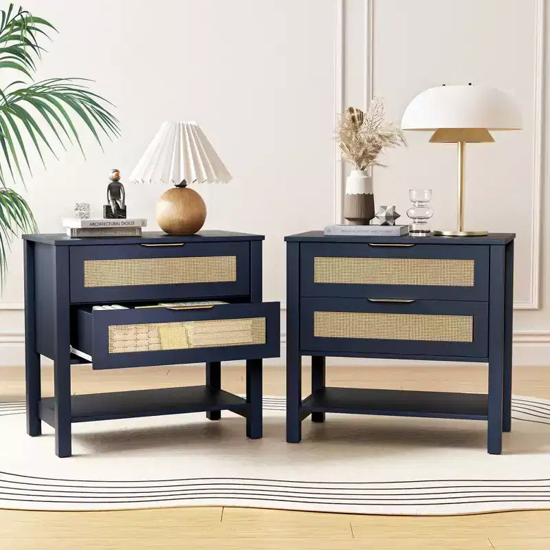 Rattan 2 Drawer Nightstand for Bedroom and Living Room