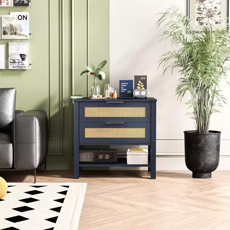 Rattan 2 Drawer Nightstand for Bedroom and Living Room
