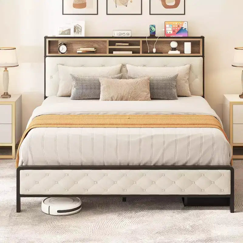 Modern Platform Bed Frame with Upholstered Storage Headboard and Footboard