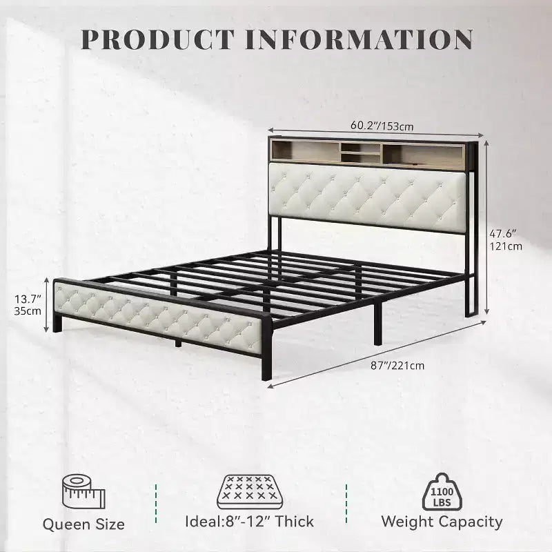 Modern Platform Bed Frame with Upholstered Storage Headboard and Footboard